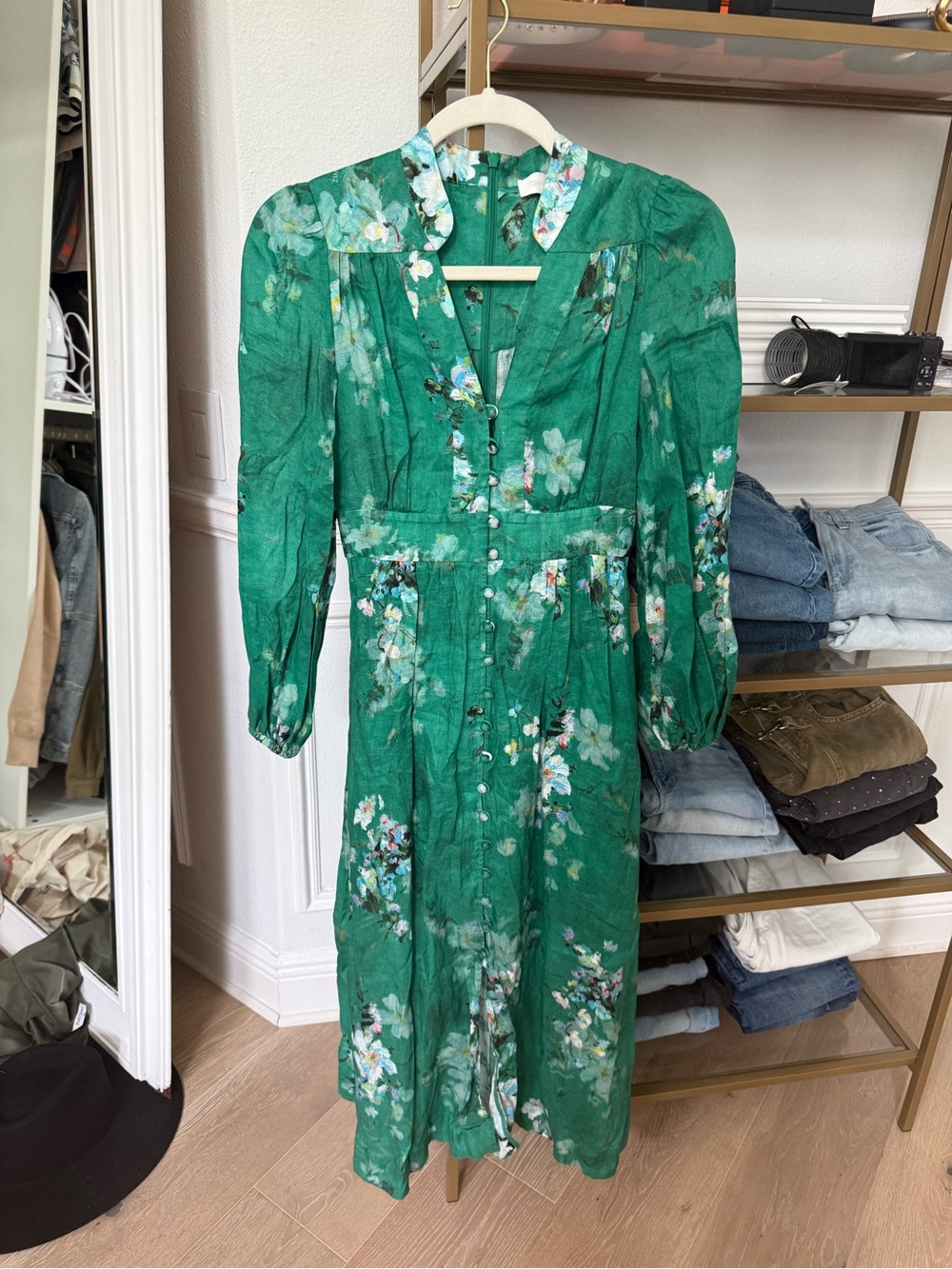 Zimmermann EVERLEY PLUNGE MIDI DRESS GREEN WATERCOLOUR FLORAL